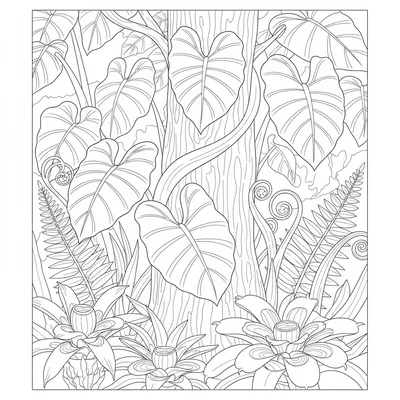 A tropical rainforest understory scene, large elephant ear leaves coloring page