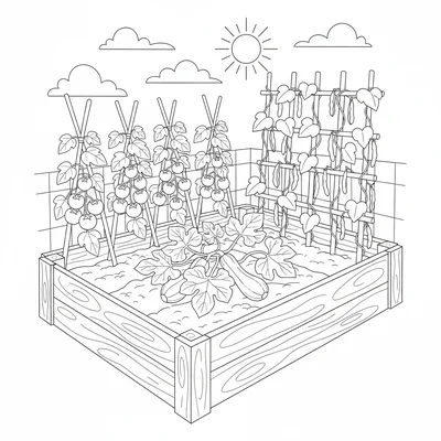 A vegetable garden raised bed with tomatoes, zucchini with large leaves coloring page