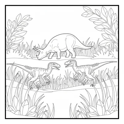 A Velociraptor pack of two stalking through tall prehistoric grass, bodies low,… coloring page