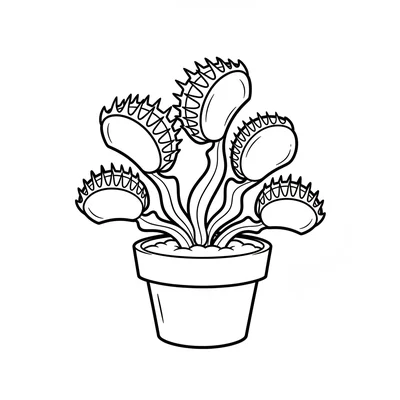 A simple venus flytrap in a small pot, 3 open trap leaves with simple pointed coloring page