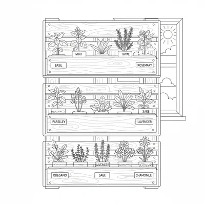 A vertical herb garden made of stacked wooden pallets, each pallet slot coloring page
