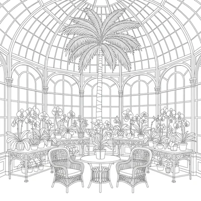 A Victorian botanical conservatory interior, curved iron-and-glass coloring page