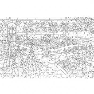 A walled kitchen garden in full summer productivity, raised beds with climbing coloring page