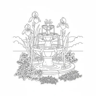 A water feature, a simple tiered stone fountain with plants growing around its coloring page
