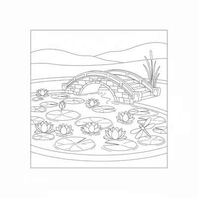 A water garden scene with a round pond of lily pads and open lotus blooms coloring page