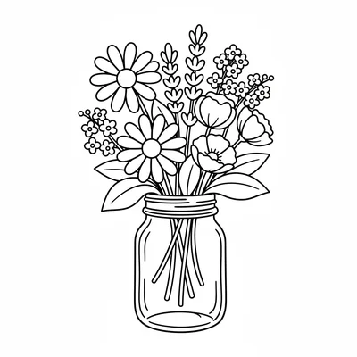 A simple wildflower bouquet in a mason jar, a mix of 4 simple flower types coloring page