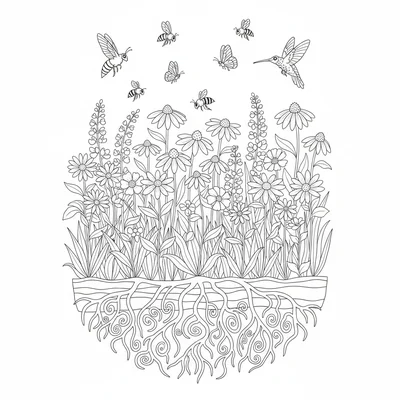 A wildflower meadow ecosystem diagram showing the soil profile at the bottom coloring page
