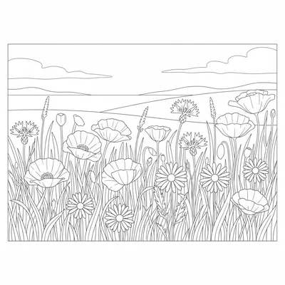 A wildflower meadow edge with tall grass, poppies, cornflowers, and oxeye coloring page