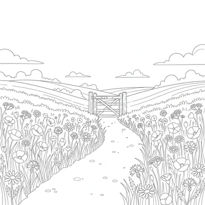 A wildflower meadow path scene with a grass track leading through waist-high coloring page