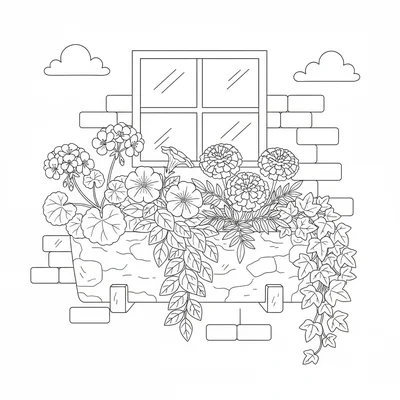 A window box planter with 4 different flowering plants, a red geranium, a white coloring page