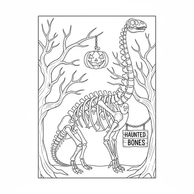 A Brachiosaurus skeleton serving as a living haunted house, its rib cage formin… coloring page