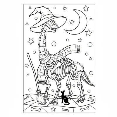 A Brachiosaurus skeleton wearing an oversized witch hat that droops over one ey… coloring page