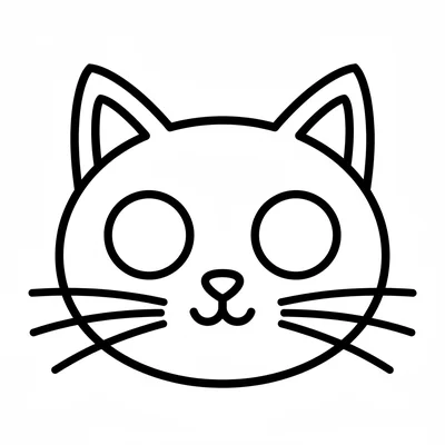 A simple cartoon black cat face, round head, two pointed ears, large round coloring page