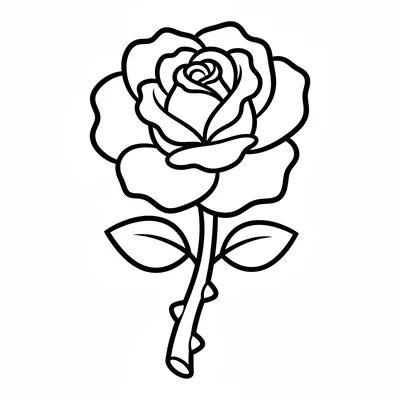 A simple cartoon black rose, a single rose in bloom with a round center, five coloring page