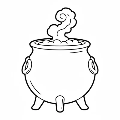 A simple cartoon cauldron, a round black pot with three stubby legs, two loop coloring page
