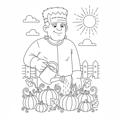 A cartoon Frankenstein monster watering a garden of pumpkins with a simple coloring page