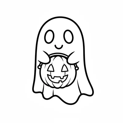 A cartoon ghost holding a candy bag, a simple sheet-ghost shape with oval eyes coloring page