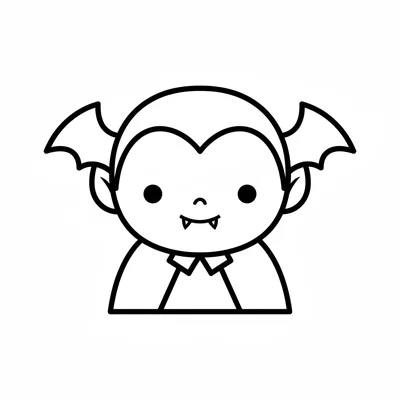A simple cartoon little vampire with a round head, tiny fang teeth showing coloring page