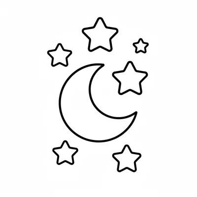 A cartoon moon and stars cluster, one large crescent moon in the center coloring page