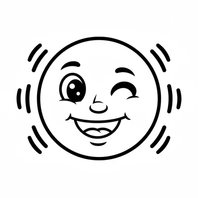 A simple cartoon moon face, a full round moon with a smiling face, one eye coloring page