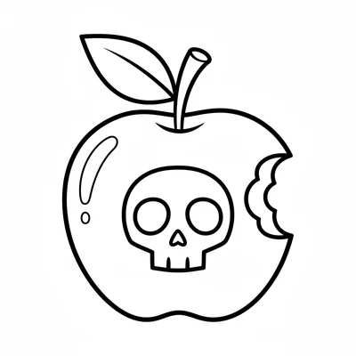 A cartoon poison apple, a large round apple with a small leaf at the stem coloring page