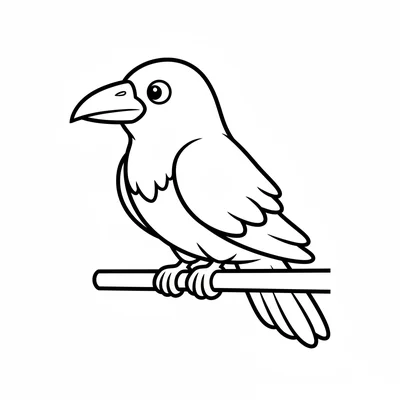 A simple cartoon raven, a rounded bird shape with a pointed beak, folded wings coloring page