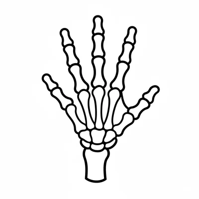 A simple cartoon skeleton hand with five finger bones spread wide, the wrist coloring page