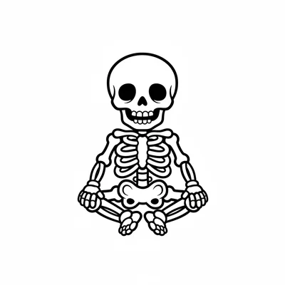 A simple cartoon skeleton sitting with cross-legged pose, the skull smiling coloring page