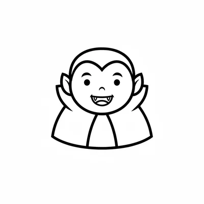 A simple cartoon vampire with a round face, tiny fangs in a smile, a small coloring page