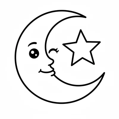 A simple crescent moon outline drawing with a cute face, one closed eye, one coloring page