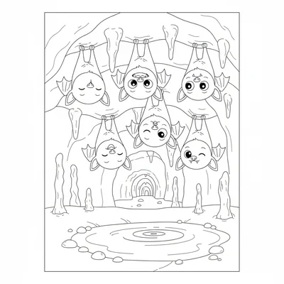 A cute bat colony hanging from a cave ceiling, five cartoon bats hanging upside coloring page