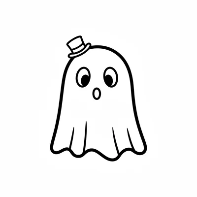A cute cartoon ghost wearing a tiny top hat, with two oval eyes and a small coloring page