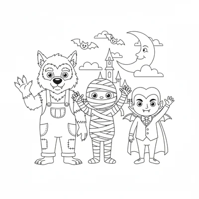 A cute cartoon monster mash group portrait, a werewolf, a mummy, and a vampire coloring page