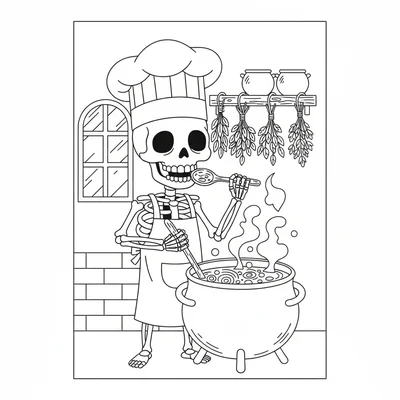 A cute cartoon skeleton chef, a skeleton in a chef's hat and apron stirring coloring page