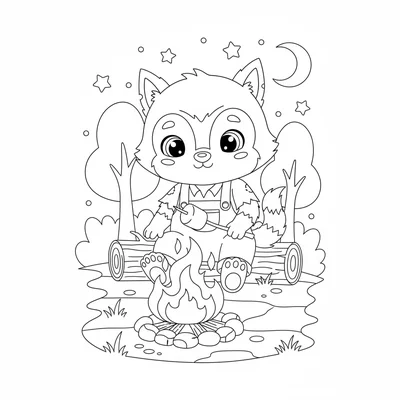 A cute cartoon werewolf sitting by a campfire, the werewolf with a rounded coloring page