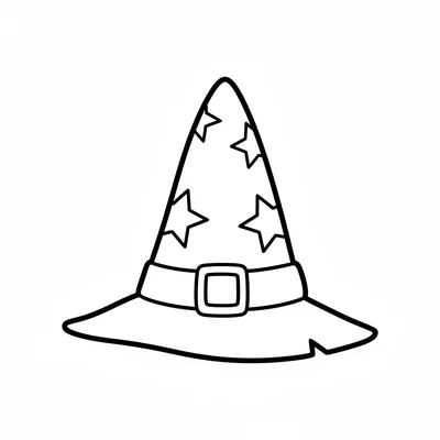 A cute cartoon witch hat, a tall cone hat with a wide brim, a small buckle band coloring page
