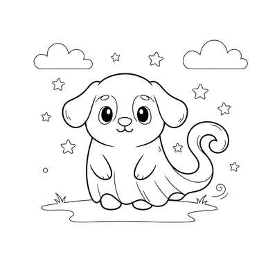 A cute ghost dog, a small dog-shaped ghost with round ears, a round snout coloring page