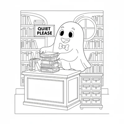 A cute ghost librarian floating behind a library desk, stacking returned books coloring page