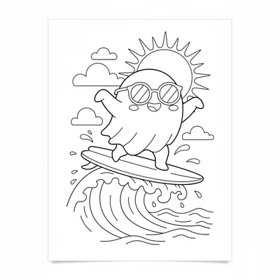 A cute ghost surfing on a wave, a round friendly ghost balanced on a surfboard coloring page