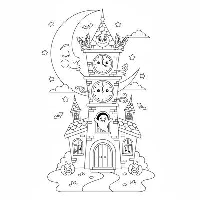A cute haunted clock tower with friendly faces on the clock, a ghost popping coloring page