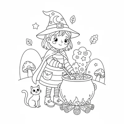 A cute little witch stirring her cauldron with a long wooden spoon coloring page