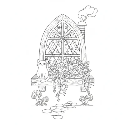 A cute little witchy cottage window box with dark roses and trailing ivy coloring page