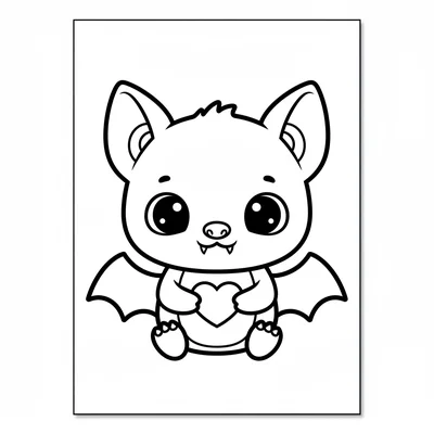 A cute mini cartoon bat holding a tiny heart in its wing claws, facing front coloring page