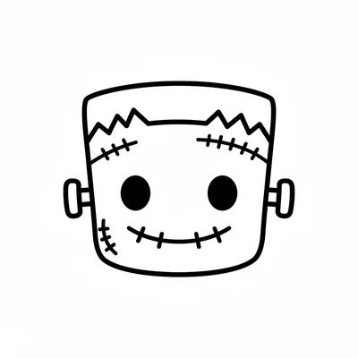 A cute mini Frankenstein monster face, a flat-top rectangular head, two bolt coloring page
