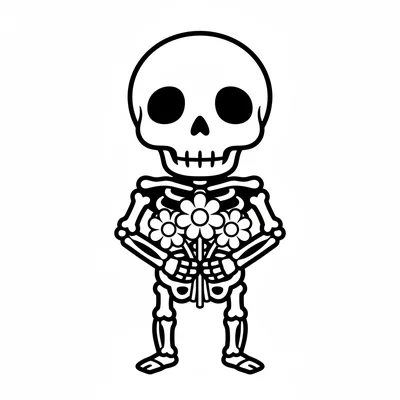 A cute mini skeleton holding a tiny bouquet of flowers in its bone hands coloring page
