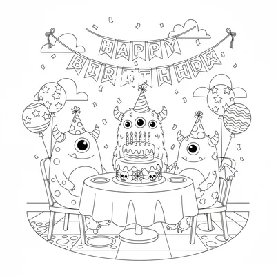 A cute monster birthday party, three monsters in party hats seated around coloring page