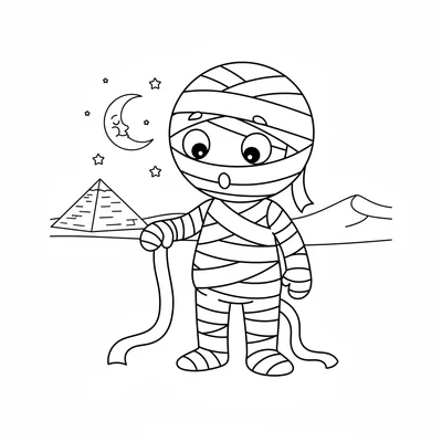 A cute mummy unwrapping itself, a mummy figure with bandages trailing off one coloring page
