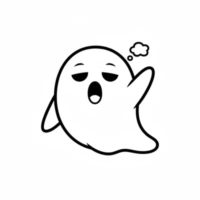 A cute round cartoon ghost with sleepy half-closed eyes and a yawning open coloring page