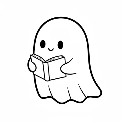 A cute round ghost reading a tiny book held open in its ghostly arms, two dot coloring page