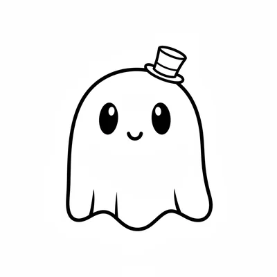 A cute round ghost wearing a tiny top hat on its head, viewed straight-on coloring page